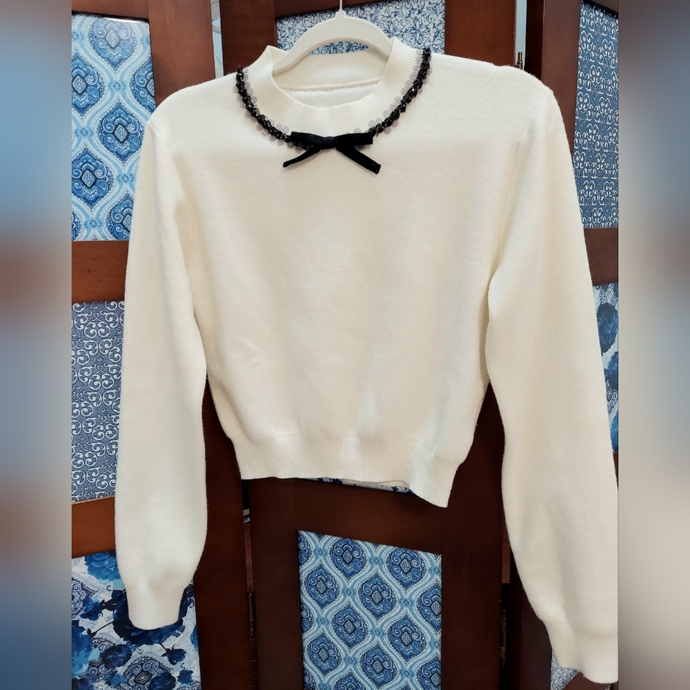 MiuMiu Sweater, Size Small, Cream & Black Bow, Sequin Accent